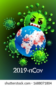 Vector emoticon with a call to protect the planet from the virus. COVID 2019 or just a virus. Coronavirus banner to inform and prevent the spread of the disease. Vector with space for text.