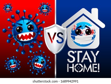 Vector emoticon calling to wear masks and be quarantined. COVID 2019 or just a virus. Coronavirus banner to inform and prevent the spread of the disease. Vector with space for text. Stay home safe. 