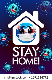 Vector emoticon calling to wear masks and be quarantined. COVID 2019 or just a virus. Coronavirus banner to inform and prevent the spread of the disease. Vector with space for text. Stay home safe. 