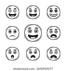 Vector emoticon featuring nine black and white emoticon faces showing different 