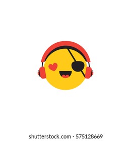 Vector emoticon with headphones. Happy pirate music lover emoji.
