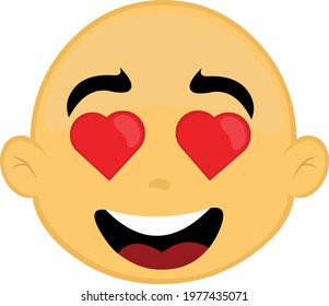 Vector emoticon illustration of a bald man's face with heart-shaped eyes and an expression of love
