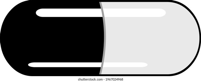 Vector emoticon illustration of a black and white capsule pill