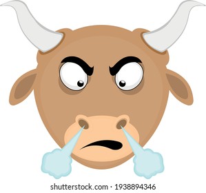 Vector emoticon illustration of a bull's head with an angry expression and fuming from his nose