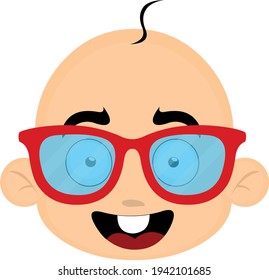 Vector emoticon illustration of a cartoon baby's head with red glasses and a happy expression