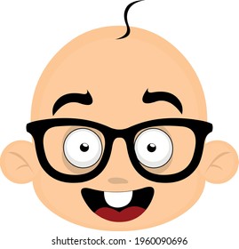 Vector emoticon illustration of a cartoon baby's head with glasses
