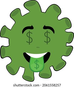 Vector emoticon illustration of a cartoon bacteria, virus or microbe with the dollar sign in its eyes and tongue sticking out