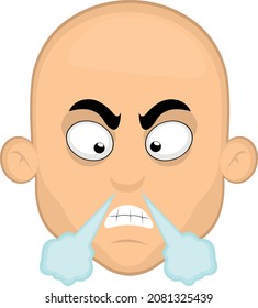 Vector emoticon illustration of a cartoon bald man's face with an angry expression and fuming from his nose