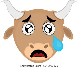 Vector emoticon illustration of a cartoon bull's head with a sad expression, a tearful look and a tear falling from one eye
