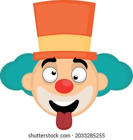 Vector emoticon illustration of a cartoon clown's face with a hat with a crazy expression