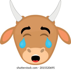 Vector emoticon illustration of a cartoon cow's face with a sad expression and crying with tears falling from its eyes