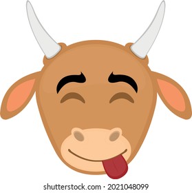 Vector emoticon illustration of a cartoon cow's face with a happy expression and tongue out
