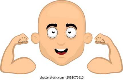 Vector emoticon illustration of a cartoon man's face flexing his arms and contracting his biceps