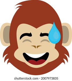 Vector emoticon illustration of a cartoon monkey's face with an expression of shame and a drop of sweat