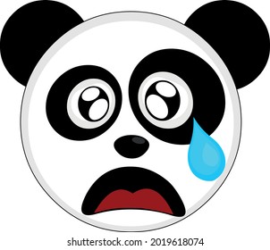 Vector emoticon illustration of a cartoon panda's face with a sad expression, watery eyes and a tear