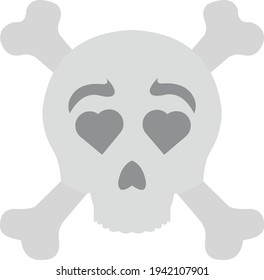 Vector emoticon illustration of a cartoon skull with crossed bones and his heart-shaped eyes

