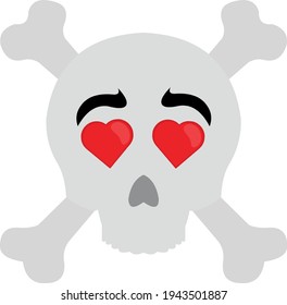Vector emoticon illustration of a cartoon skull with crossed bones and his heart-shaped eyes