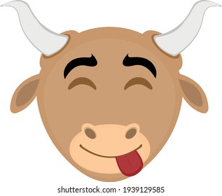 Vector emoticon illustration of the face of a cartoon bull with a happy expression
