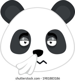 Ilustración vectorial emoticono de la cara de un oso de dibujos animados panda con un tejido en su nariz y una expresión de gripe