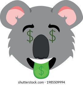 Vector emoticon illustration of the face of a cartoon koala with the dollar sign in its eyes and tongue