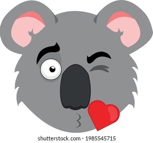 Vector emoticon illustration of the face of a cartoon koala with a heart-shaped kiss