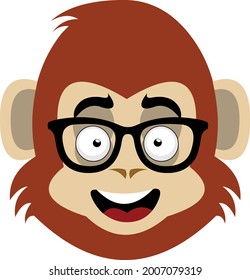 Vector emoticon illustration of the face of a cartoon monkey or chimpanzee with glasses