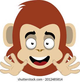 Vector emoticon illustration of the face of a cartoon monkey or chimpanzee waving with his hands