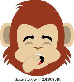 Vector emoticon illustration of the face of a cartoon monkey or chimp yawning with his hand in his mouth