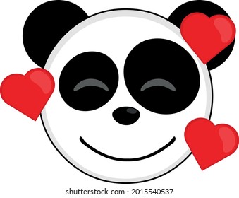 Vector emoticon illustration of the face of a cartoon panda bear surrounded by hearts