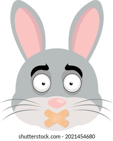 Vector emoticon illustration of the face of a cartoon rabbit with crossed adhesive bands in its mouth