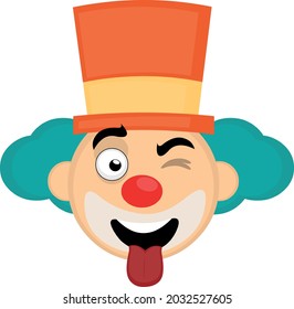 Vector emoticon illustration of the face of a cartoon clown with a hat, winking and with his tongue out