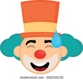 Vector emoticon illustration of the face of a cartoon clown with a hat with an expression of shame and a drop on his head