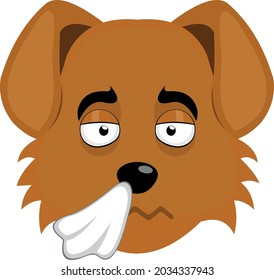 Ilustración vectorial emoticono de la cara de un perro de dibujos animados, con un resfriado y con un tejido en la nariz