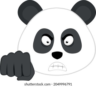 Vector emoticon illustration of the face of a cartoon panda bear with an angry expression and giving a fist bump