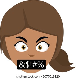 Vector emoticon illustration of the face of a cartoon brunette woman, with an expression of anger and insults
