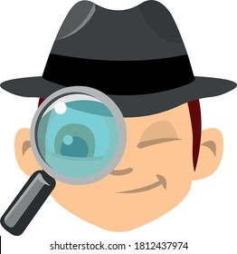 Vector emoticon illustration of the face of a detective, observing with a magnifying glass