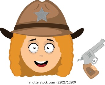 Vector Emoticon Illustration Of The Face Of A Woman Cartoon Sheriff With A Hat And A Gun In His Hand