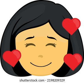 Vector emoticon illustration of the face of a yellow cartoon woman with a happy expression, in love and surrounded by hearts