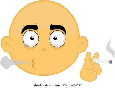 Vector emoticon illustration of the face of a yellow cartoon character smoking with a cigarette in his hand