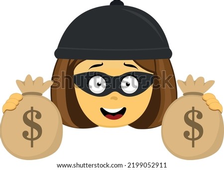 Vector emoticon illustration of the face of a yellow cartoon thief woman, with a hat, mask and bags of money in her hands