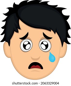 Vector emoticon illustration of the face of a young cartoon man, with a sad expression, tearful eyes and a tear falling from his eye