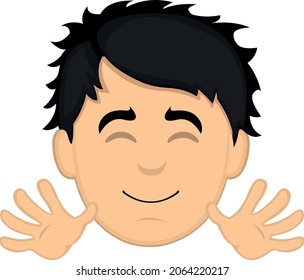 Vector emoticon illustration of the face of a young cartoon man with a happy expression and waving with his hands