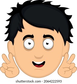 Vektoremoticon-Illustration des Gesichts eines jungen Cartoon-Mann mit Geste in seinen Händen der Liebe und des Friedens oder v Sieg