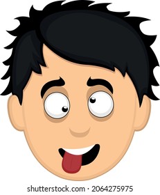 Vector emoticon illustration of the face of a young cartoon man with a funny, crazy and stupid expression