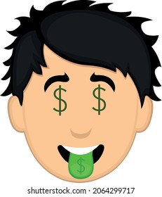 Vector emoticon illustration of the face of a young cartoon man with eyes and his tongue out with the dollar symbol