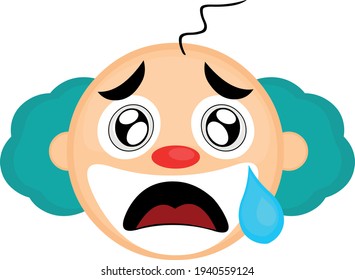 Vector emoticon illustration of the head of a cartoon clown, with a sad expression on his face, crying and a tear in his eye