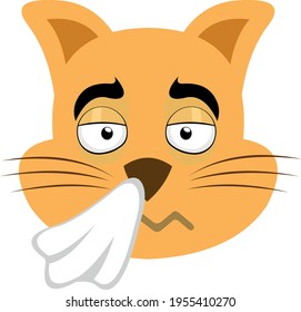 Ilustración vectorial emoticono de la cabeza de un gato de dibujos animados con una afección gripal y un pañuelo