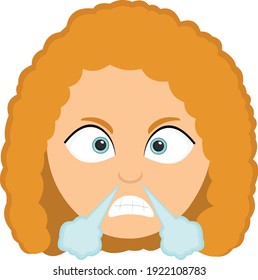 Vector emoticon illustration of the head of a red haired cartoon woman with an angry expression