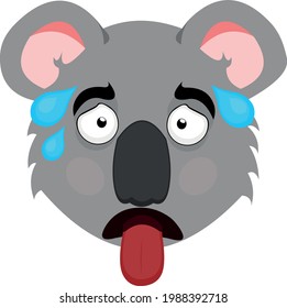 Vector emoticon illustration of a koala's face with a thirsty expression with its tongue sticking out and drops of sweat