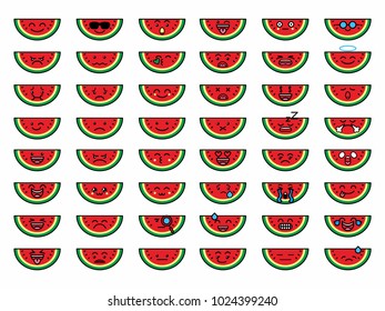 vector emoticon illustration sets background of watermelon split fresh red for various media and applications with character facial expressions